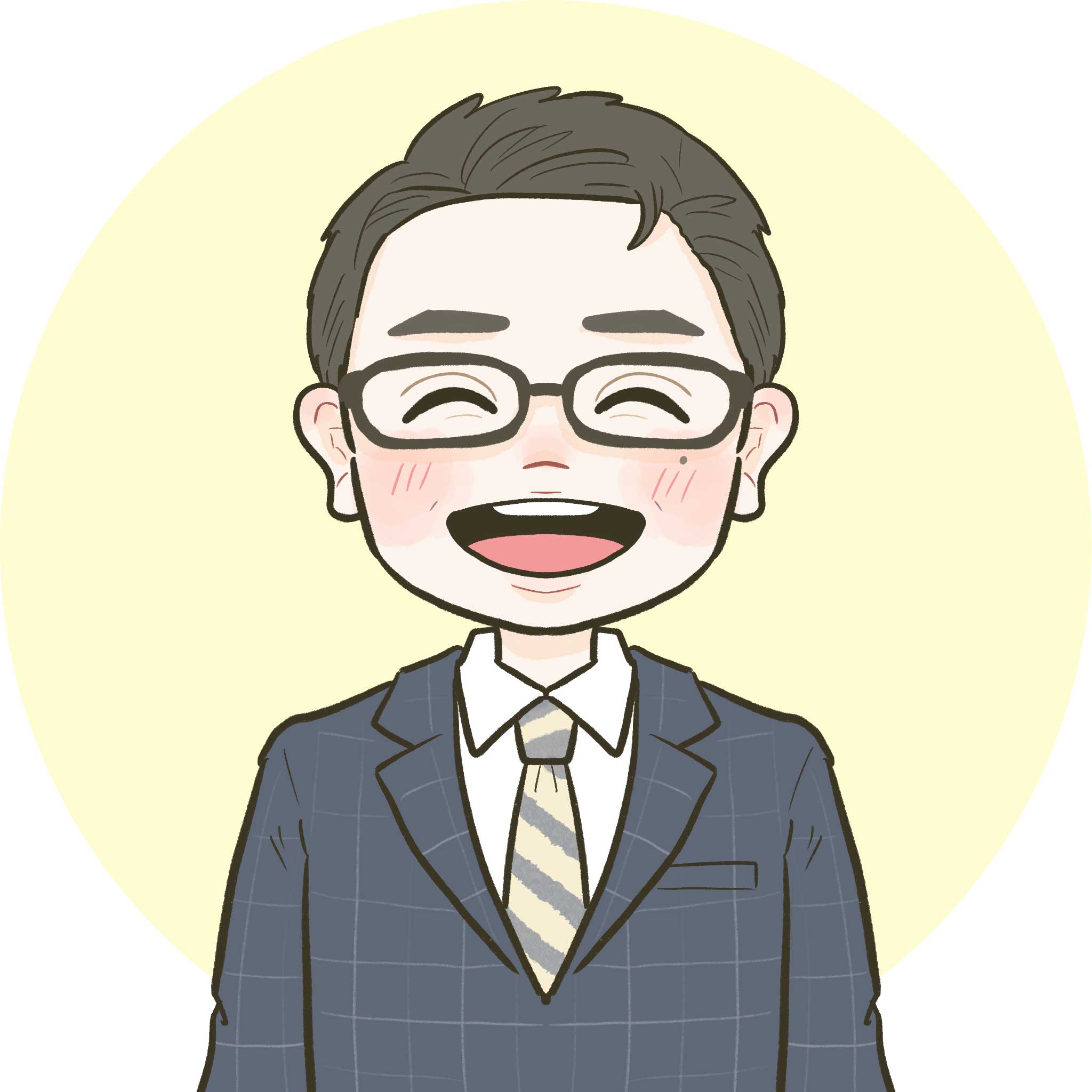 短い黒髪と眼鏡をかけ、目を閉じて微笑む人のイラスト。ダークチェックのスーツを着た彼らは、淡い黄色の円形の背景に、鹿児島を拠点としたホームページ制作のためのビジョンクリニックアドバイザーを表しています。.